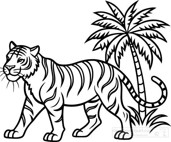 tiger strolling under a large sun with tropical plants around