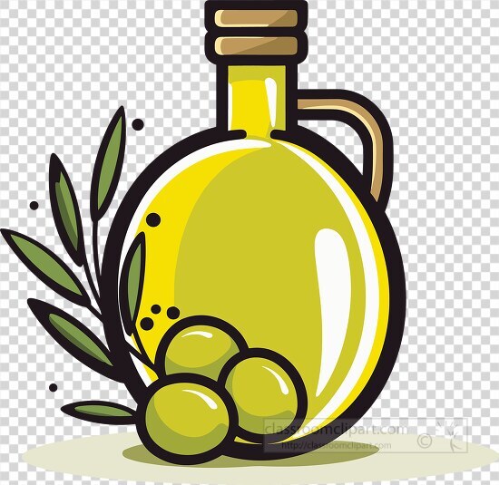 transparent bottle of olive oil garnished with green leaves and