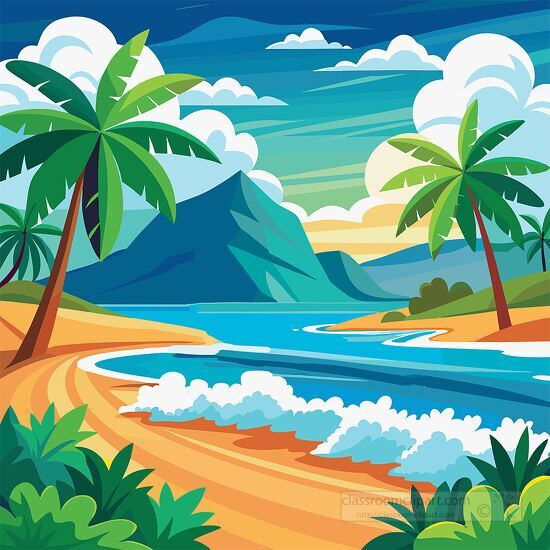 Tropical beach scene with palm trees and ocean waves clipart
