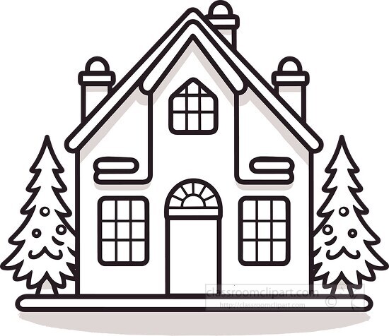 two story christmas house with trees black outline printable col