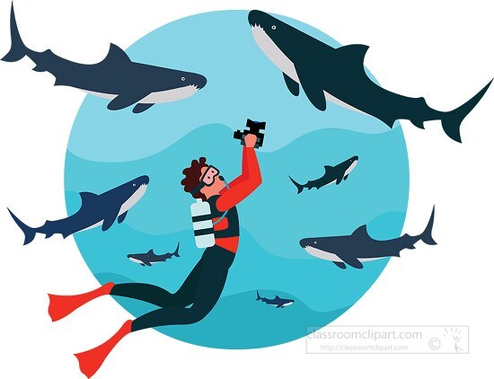 underwater photographer surrounded by shark clipart