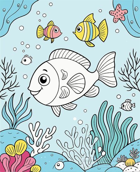 underwater scene featuring a happy fish surrounded by coral and 