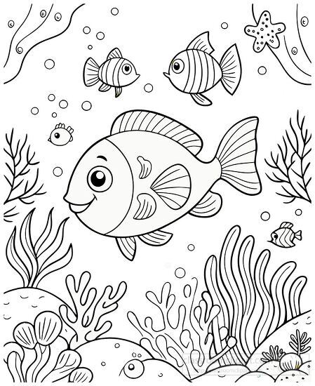 underwater scene with fish surrounded by coral black outline