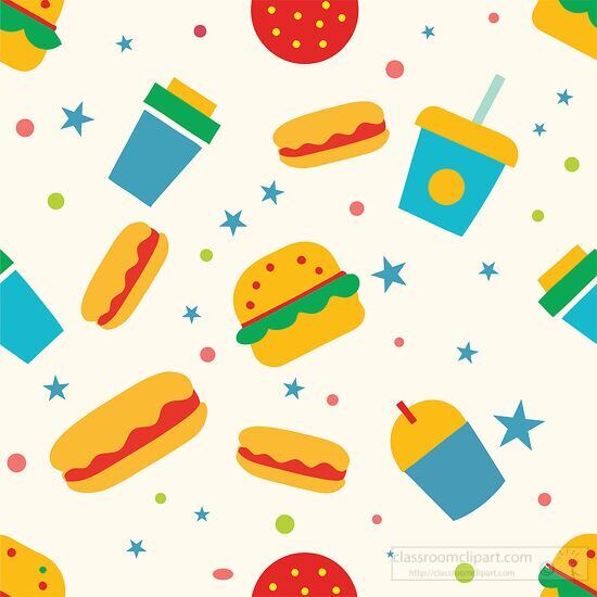 Various fast food items arranged in a bright repetitive pattern