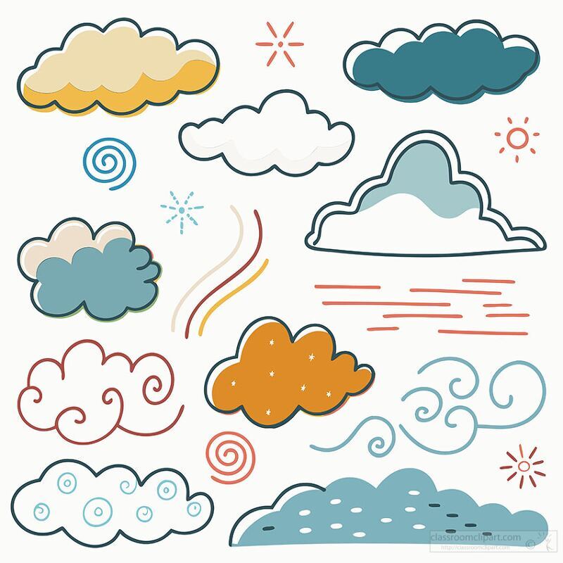 Various Whimsical Cloud Designs Representing Varied Weather