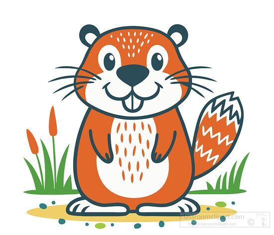 vector clipart shows a happy beaver with a big tail