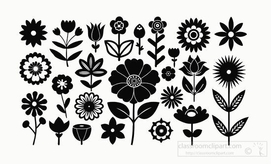 Vector icons of flowers in various black silhouette designs