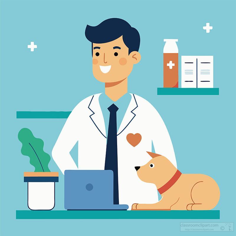 veterinarian in a white coat with a heart symbol