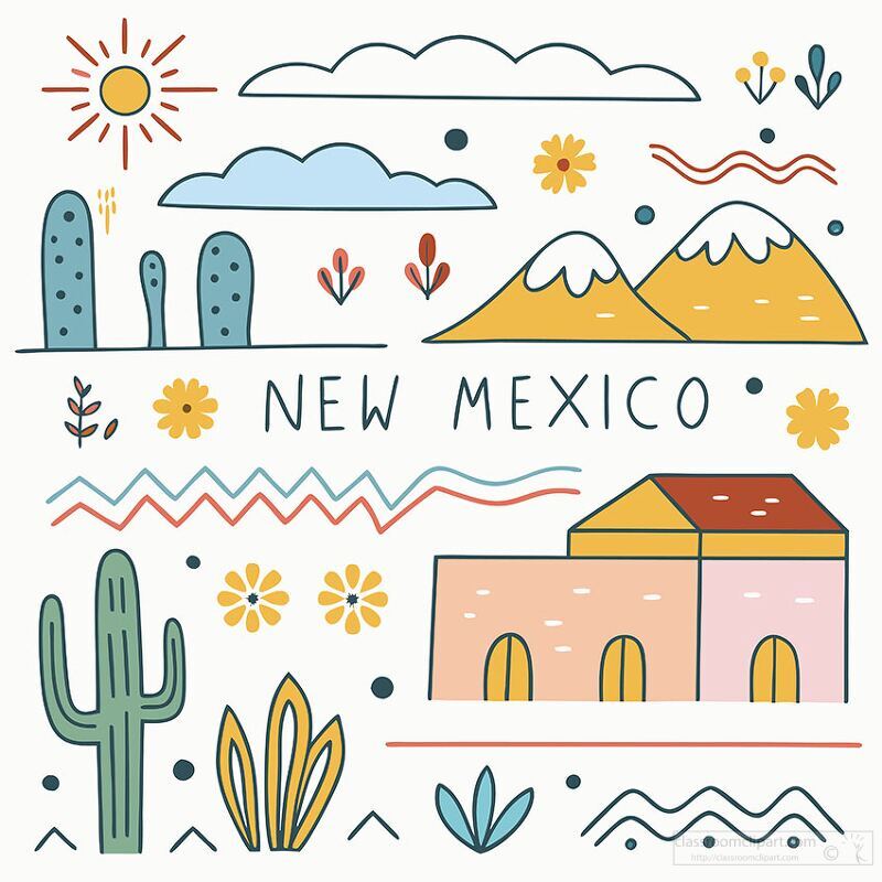 A lively illustration captures the essence of New Mexico through its iconic elements. The artwork showcases majestic mountains under a bright sun, surrounded by blooming flowers and striking cacti.