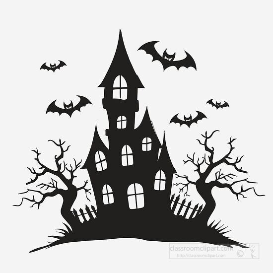 vintage haunted house with bats and a moonlit sky