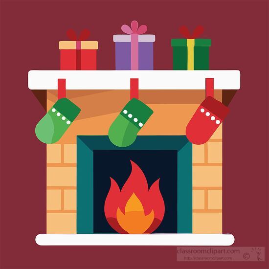 warm holiday scene with a fireplace stockings and wrapped gifts