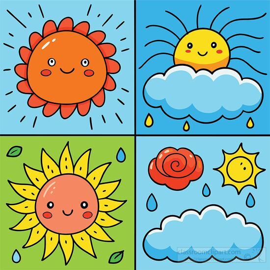 Weather Icons Set hand drawn with smiley face sun and clouds