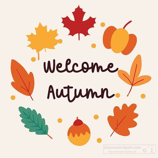 welcome autumn seasonal leaves acorns and pumpkin