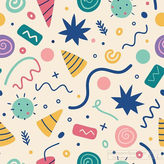 whimsical design filled with party hats spirals