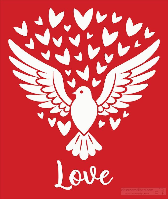 white dove in flight surrounded by hearts of love on a red