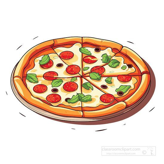 whole fresh pizza with pepperoni and basil cut into six slices c