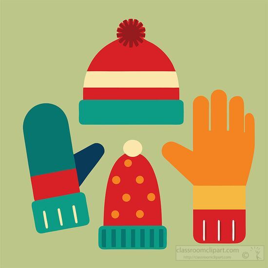 winter hats mittens and scarves in red orange and green