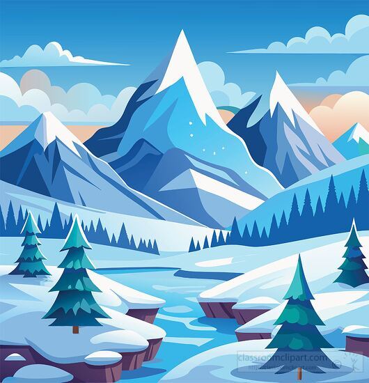 winter landscape illustration featuring snow capped peaks