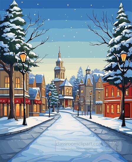 winter night in a small town highlighted by soft lamp light and