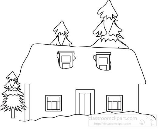 winter snow house trees black outline