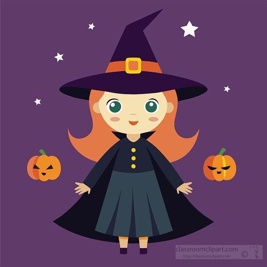 witch in a black cape and hat surrounded by pumpkins