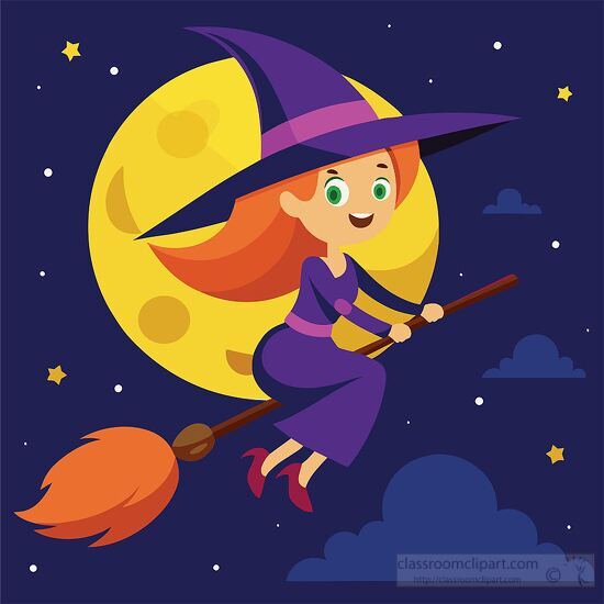 witch with flowing red hair flying across a starry night sky on 