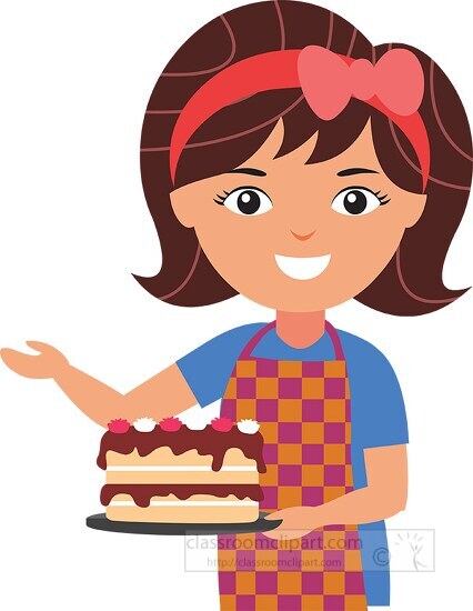 woman wearing an apron and red bow holds a cake clip art