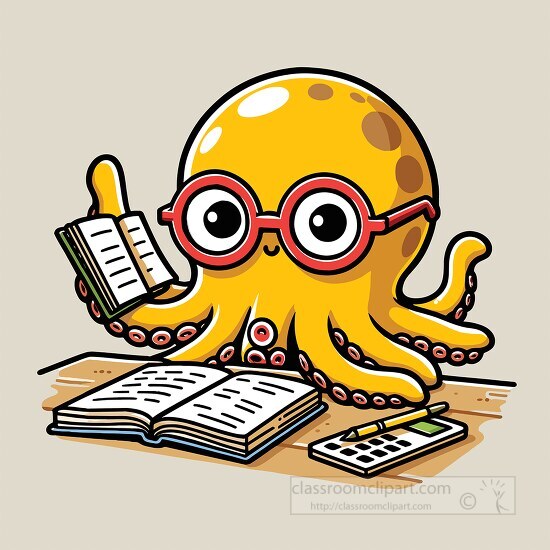 yellow octopus with red round framed glasses is engaged in schoo