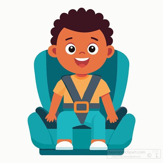 young boy happily sitting in a car seat wearing a seatbelt