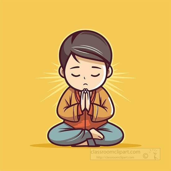 young boy sits while praying clip art