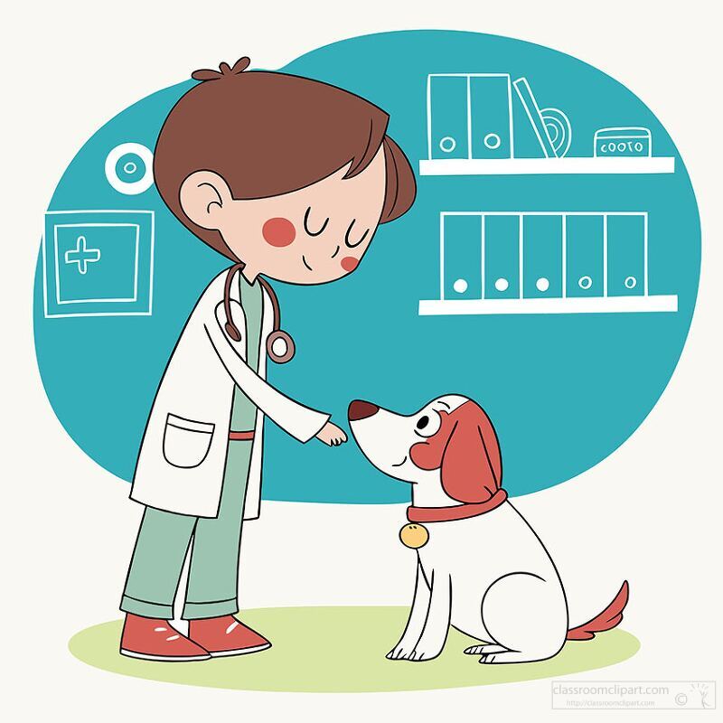 young doctor and a sitting dog in a veterinary clinic