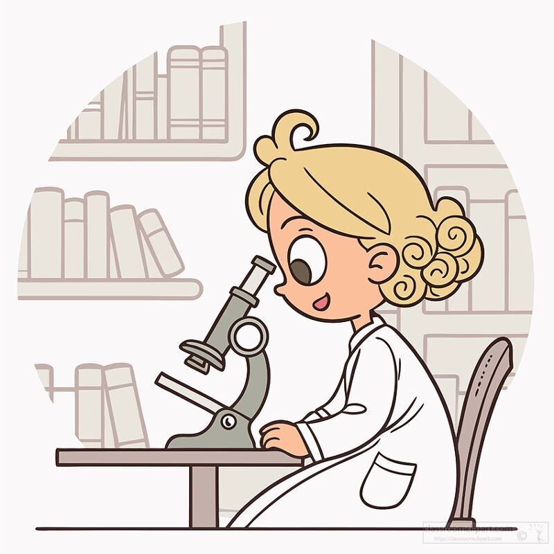 young girl in a lab coat examines a specimen under a microscope