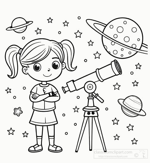 young girl stargazing with a telescope in an outer space