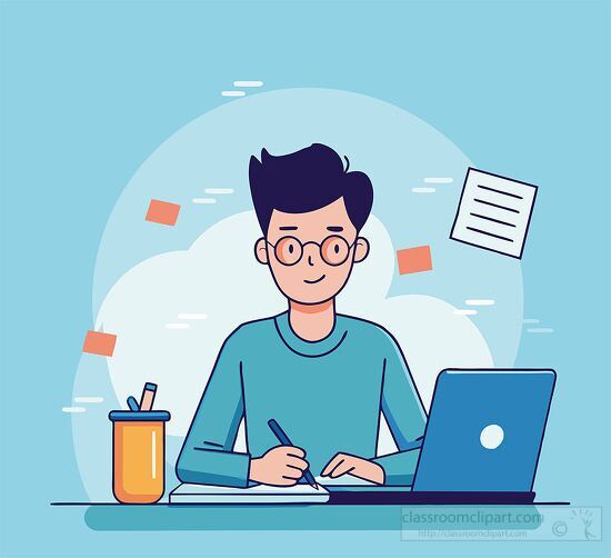 young man studies at a desk with a laptop and written notes