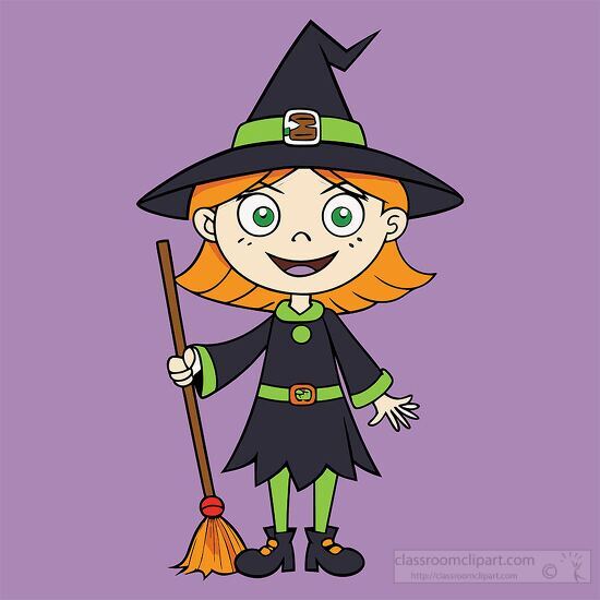 young witch character with a broomstick dressed in a black outfit