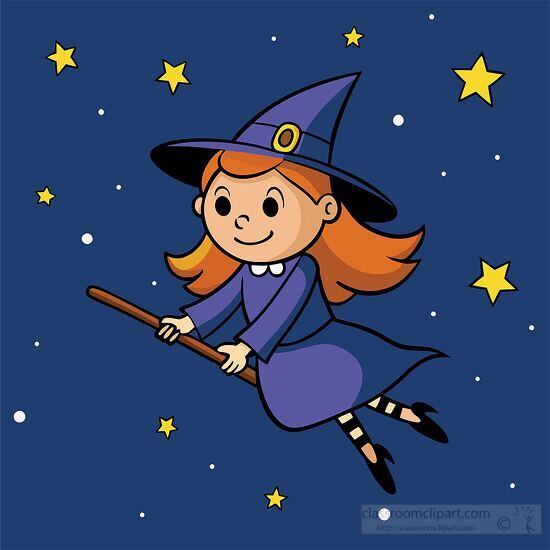 young witch in a purple dress flies through a starry night sky