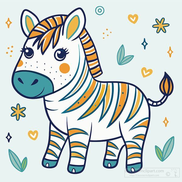 zebra with bold stripes is set against a background of leaves an