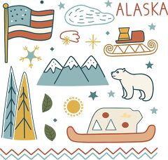 Alaska Symbols and Landmarks in Colorful Clip Art Design