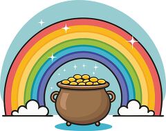 Back pot filled with shiny gold coins with rainbow