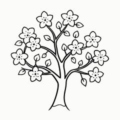 Beautiful Tree With Blossoms Black Outline for Printing