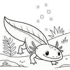 Black and White Line Drawing of a Cheerful Axolotl