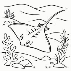 Black Outline Drawing of a Stingray Swimming Underwater