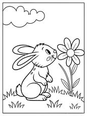 Bunny With a Flower Spring Coloring Page