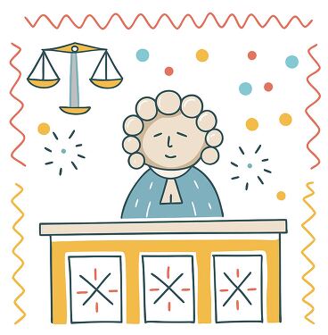 Cartoon Judge With Scales of Justice in Colorful Design