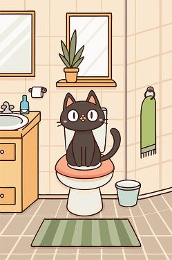 Cute Black Cat Sitting on Toilet in Cozy Bathroom