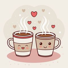 Cute Coffee Cups With Hearts and Steam in Clip Art Style