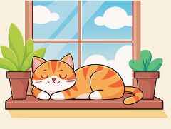 Cute Orange Cat Lounging by the Window in Clip Art Style