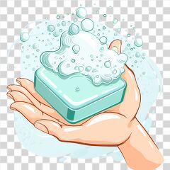 Hand Holding a Bar of Soap With Bubbles on Surface