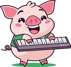 Happy cartoon pig playing a keyboard with joy