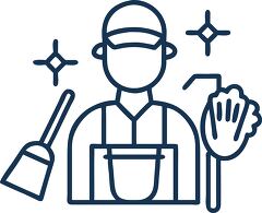 janitor with cleaning tools line icon